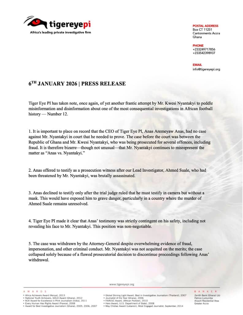Tiger Eye PI rejects Nyantakyi’s claims on Number 12 exposé Tiger Eye PI rejects Nyantakyi’s claims on Number 12 exposé