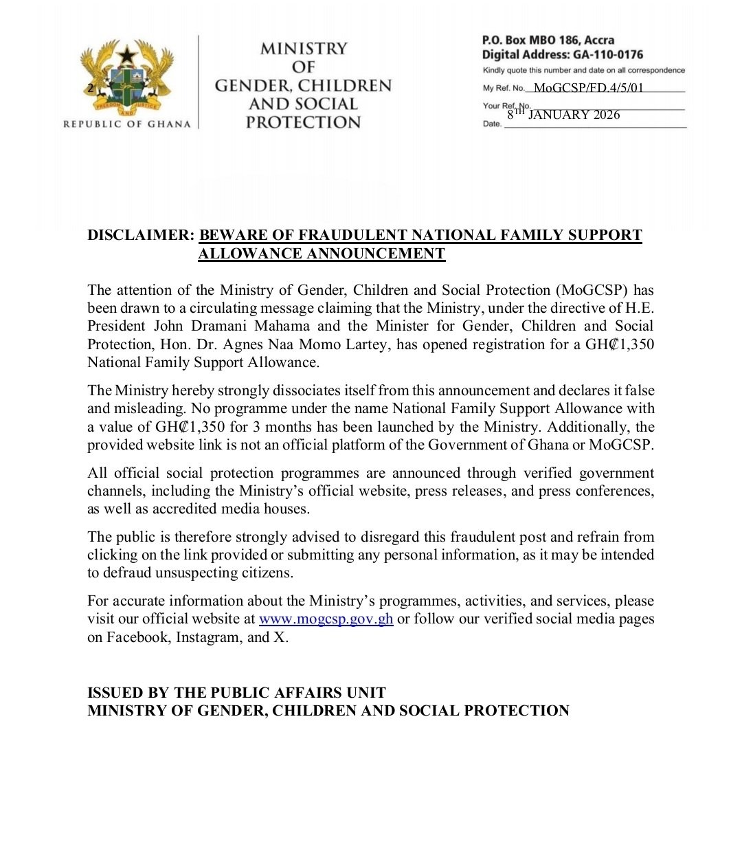 Gender Ministry warns public against fake GH¢1,350 ‘National Family Support Allowance’ scam