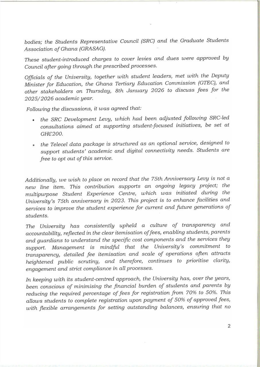 No increase in academic facility fees; Telecel data levy now optional - University of Ghana clarifies