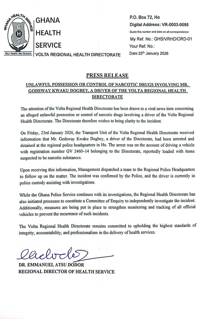 Volta Regional health directorate launches probe as driver arrested over suspected narcotic substances