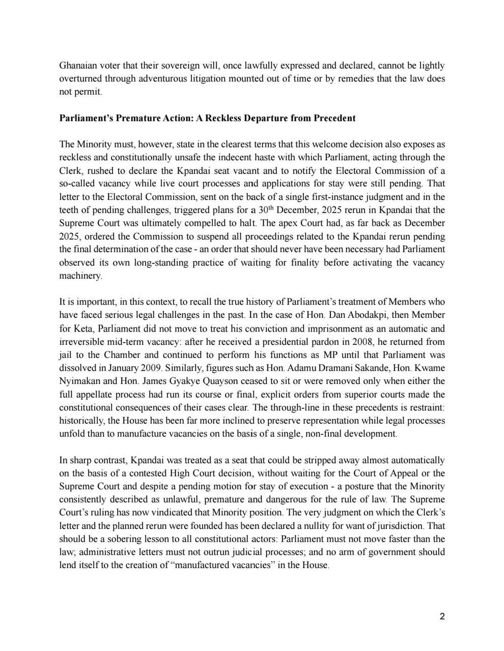 Disagreement must follow lawful paths, not weaponised – Minority welcomes NDC’s response to SC Kpandai ruling