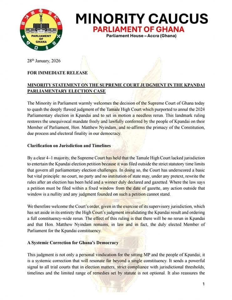 Disagreement must follow lawful paths, not weaponised – Minority welcomes NDC’s response to SC Kpandai ruling