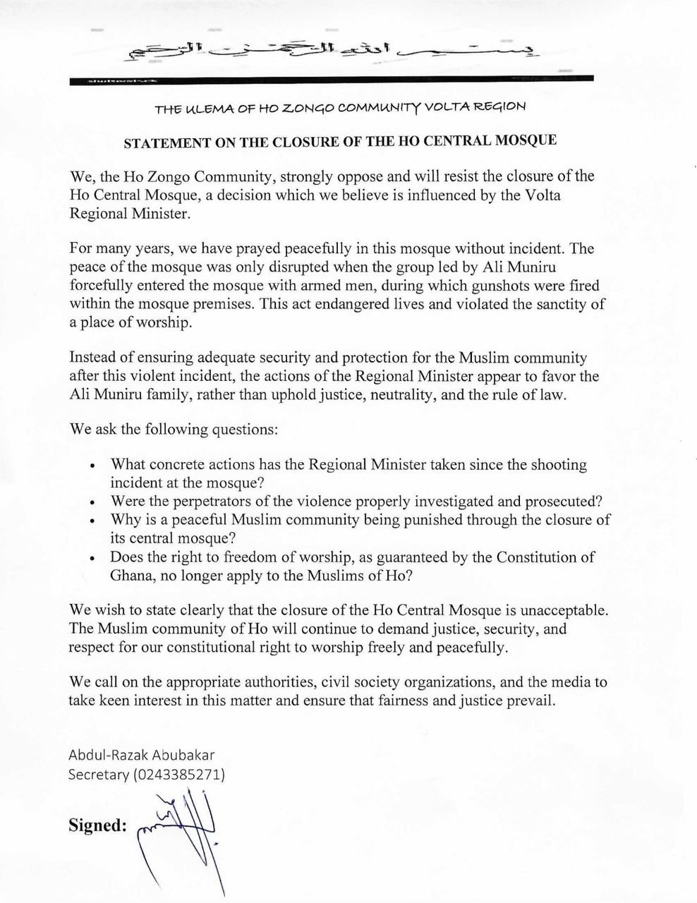 Ho zongo community slams REGSEC over two-week mosque closure