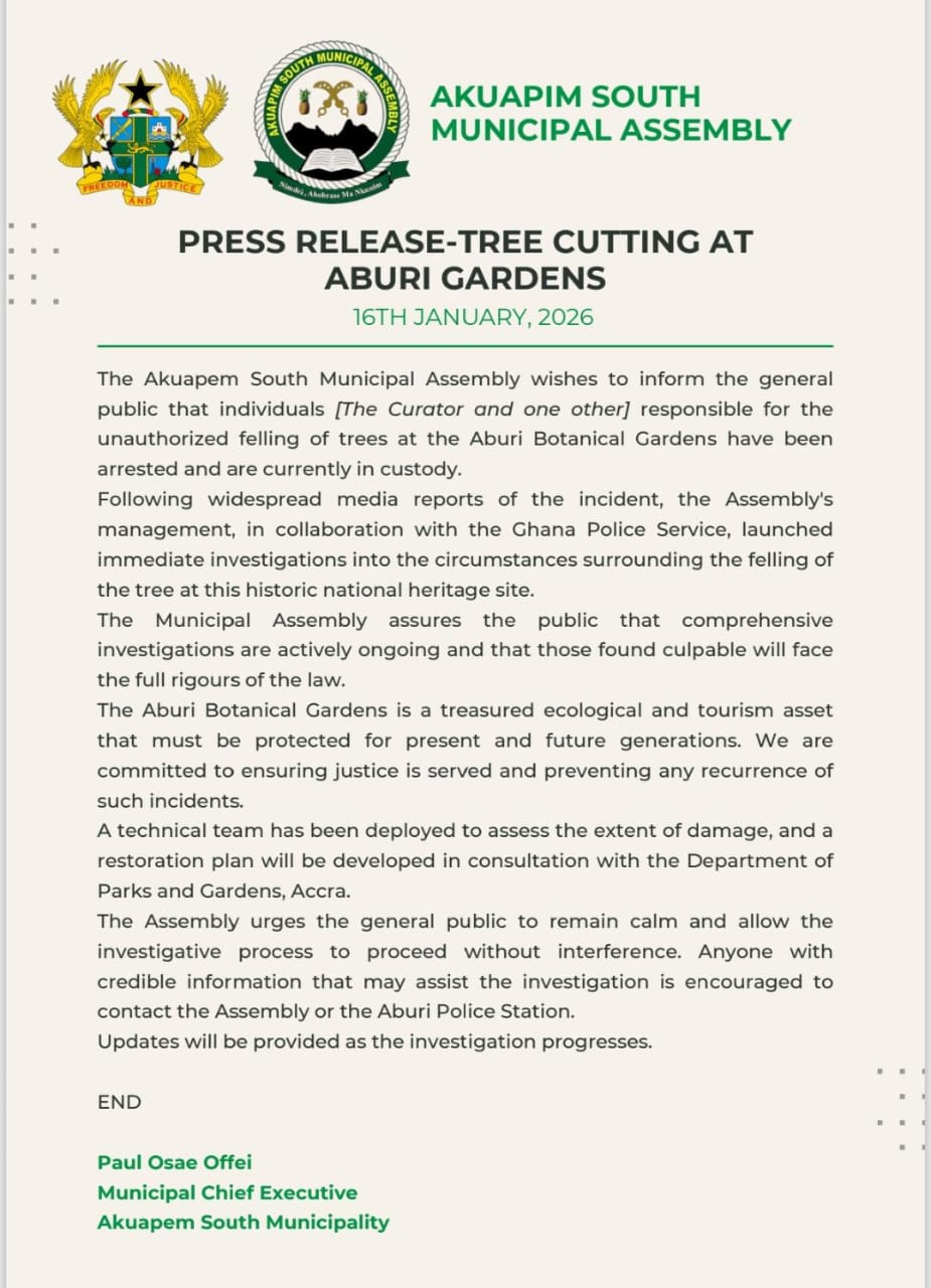 Curator, one other arrested over unauthorised tree felling at Aburi Botanical Gardens Curator, one other arrested over unauthorised tree felling at Aburi Botanical Gardens