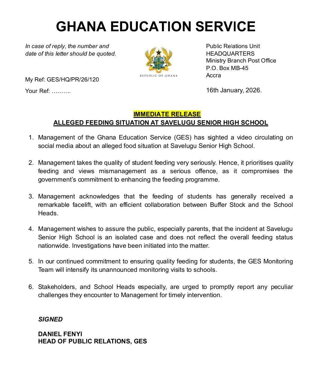 GES probes alleged feeding problems at Savelugu Senior High School GES probes alleged feeding problems at Savelugu Senior High School