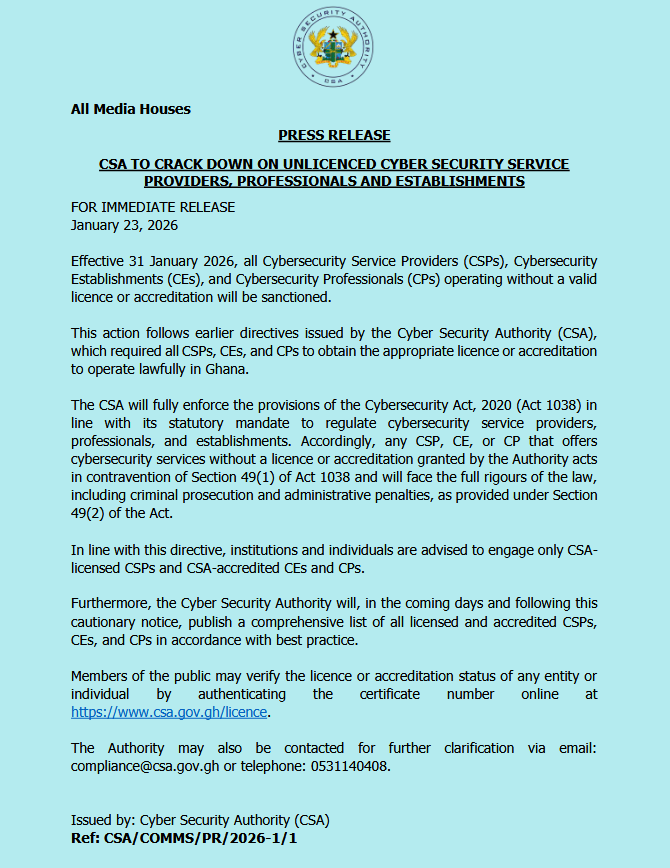 Ghana to enforce licensing for cybersecurity providers from January 31