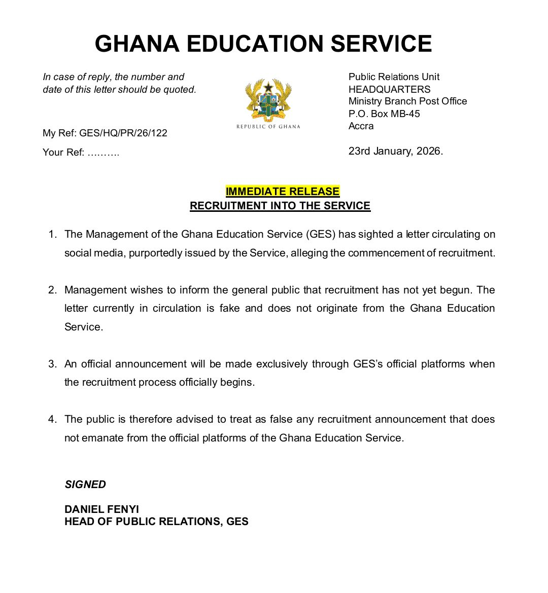 GES warns public against fake recruitment letter circulating on social media