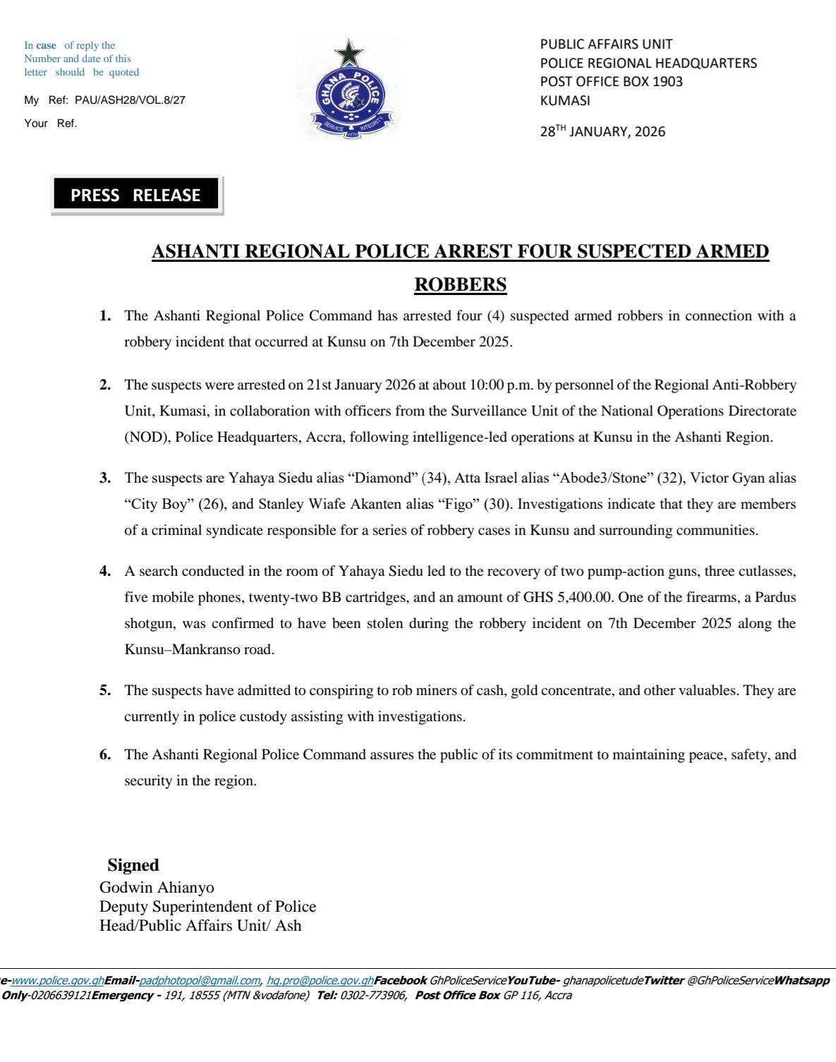 Police arrest four suspected armed robbers linked to Kunsu attacks