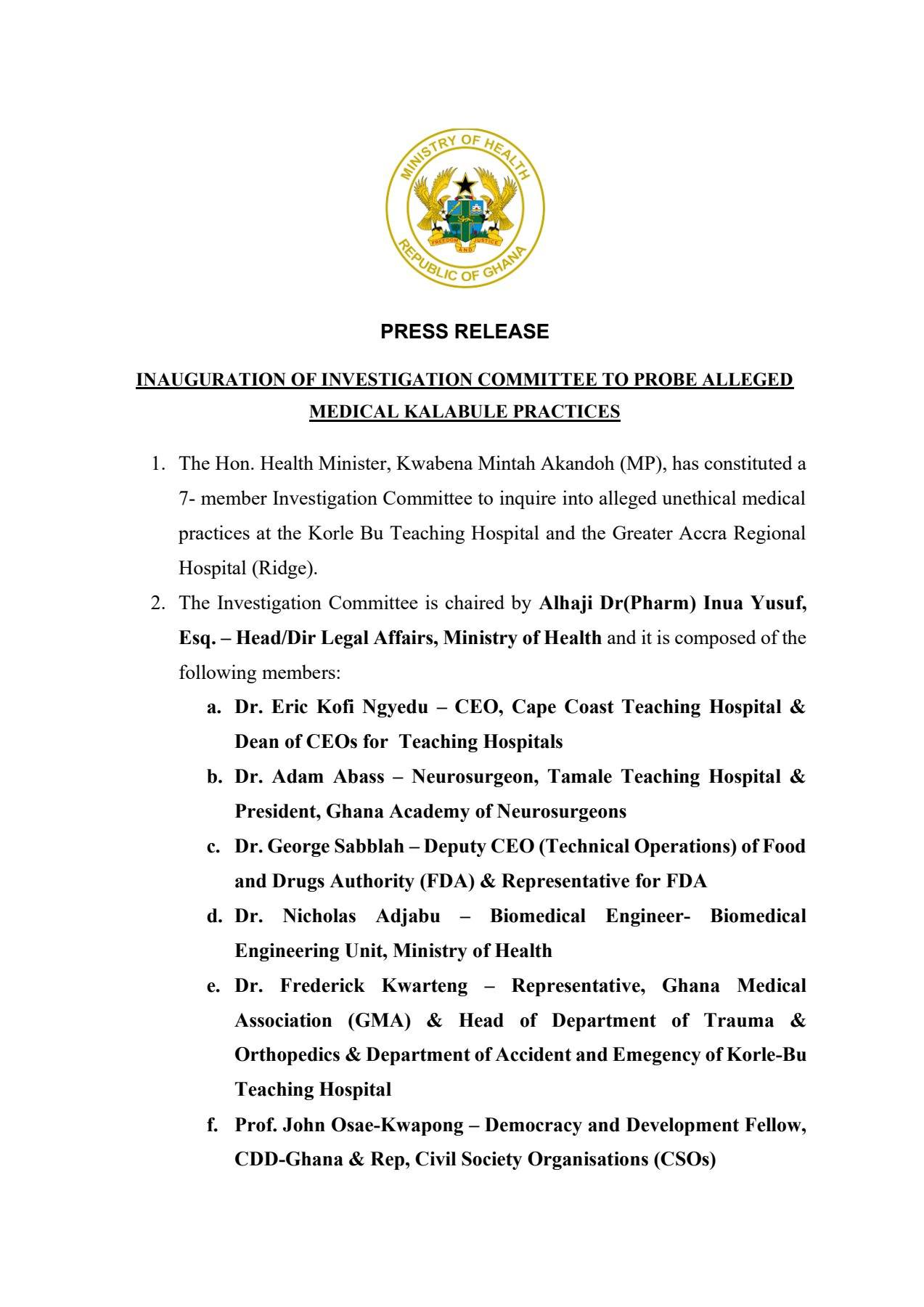 Health Minister forms investigation committee to probe alleged unethical practices at Korle Bu and Ridge hospitals