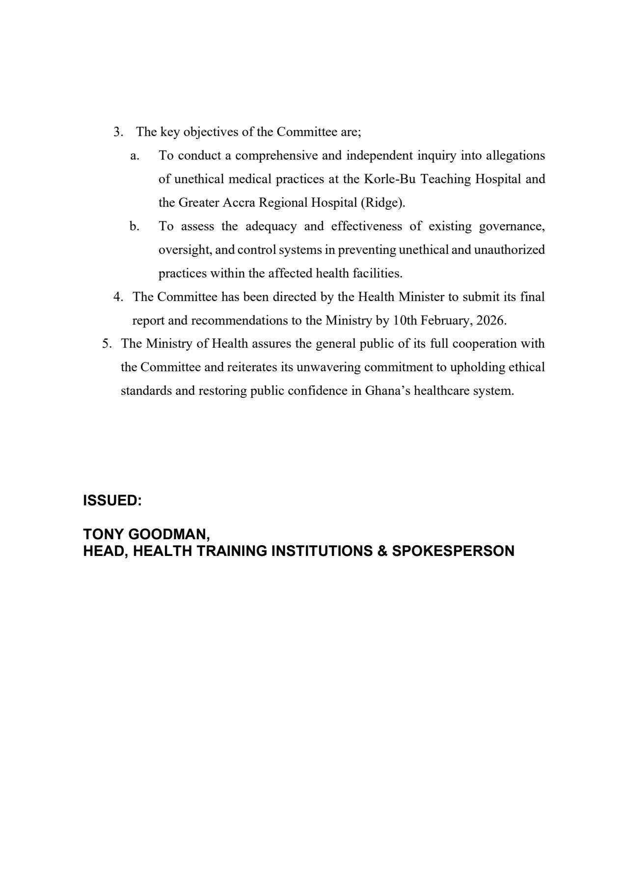 Health Minister forms investigation committee to probe alleged unethical practices at Korle Bu and Ridge hospitals