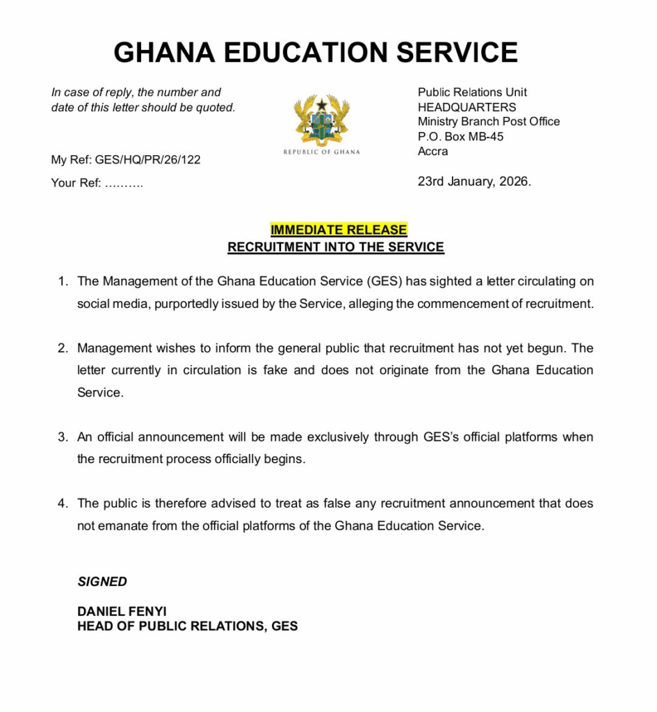 GES cautions public against fake recruitment letter circulating on social media