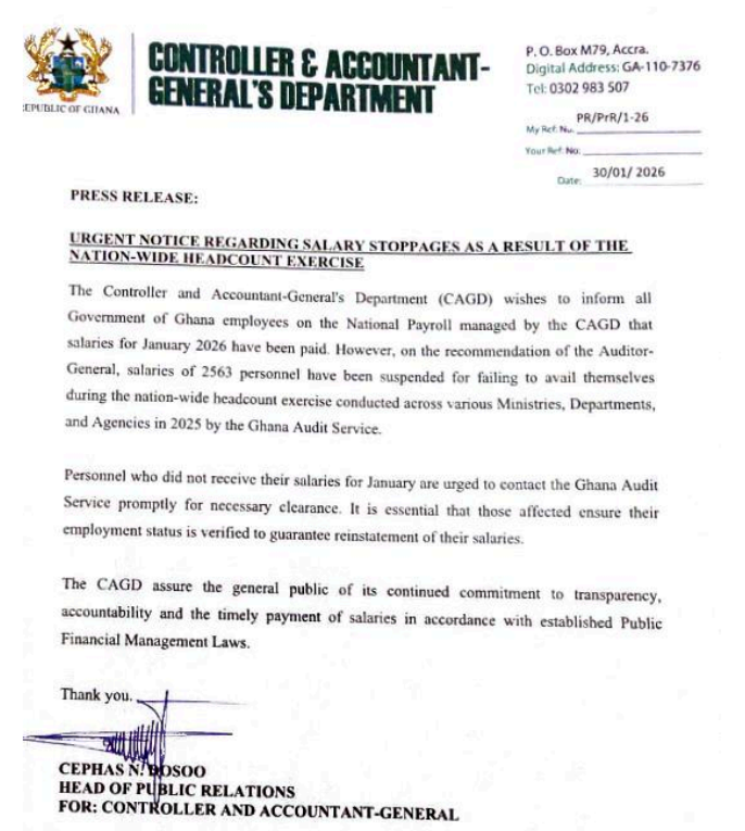 January salaries withheld for 2,563 public sector workers after headcount