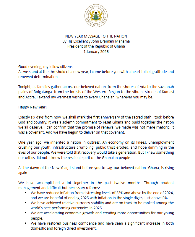 Full text: Mahama's New Year message to the nation Full text: Mahama's New Year message to the nation