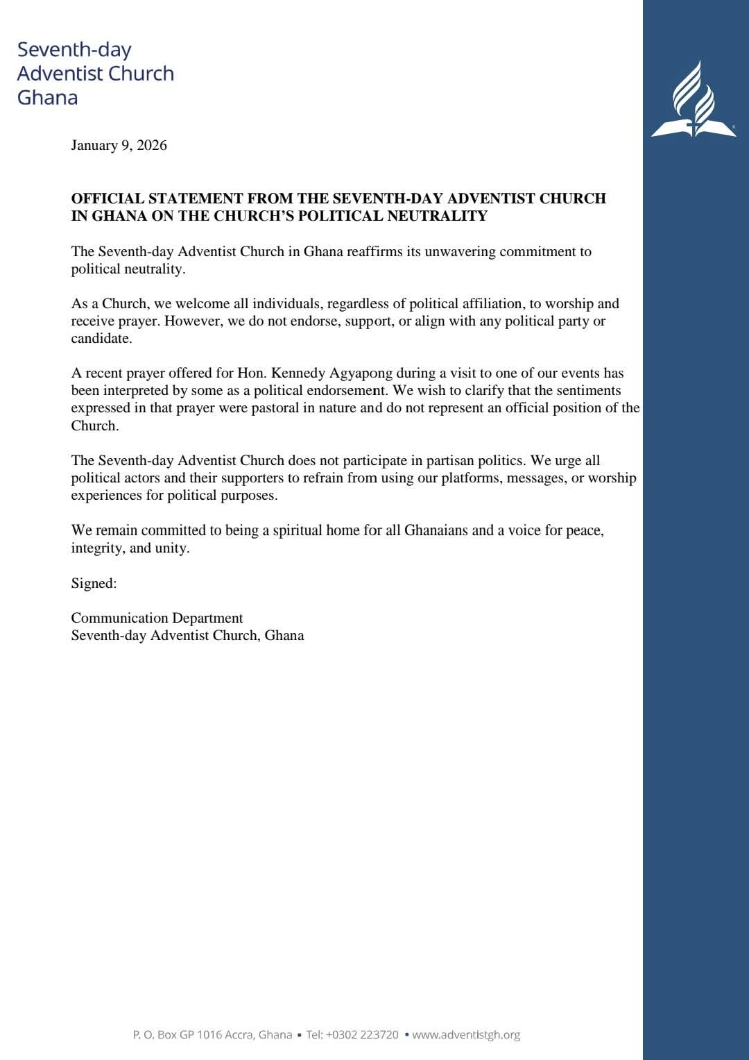 We have not endorsed Kennedy Agyapong - SDA Church