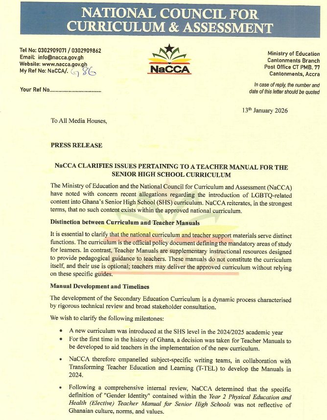 NaCCA revises teacher manual, withdraws 'gender definition' content deemed contrary to Ghanaian values NaCCA revises teacher manual, withdraws 'gender definition' content deemed contrary to Ghanaian values