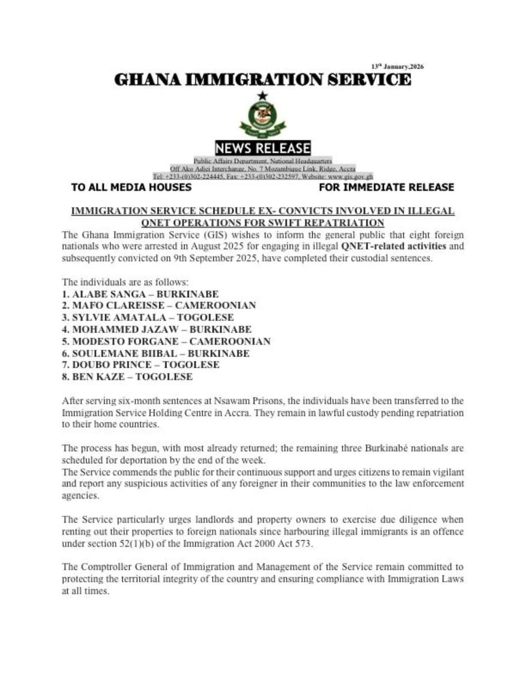 GIS to repatriate 8 foreign nationals convicted over illegal activities under guise of QNET