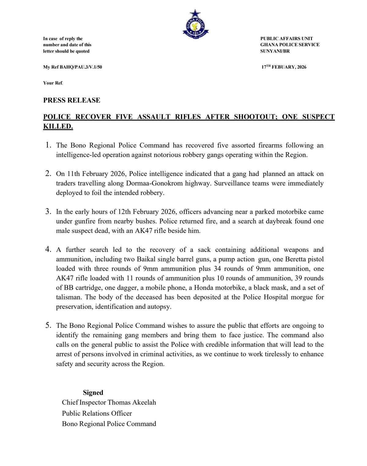 Police recover five assault rifles after Bono shootout, one suspect killed