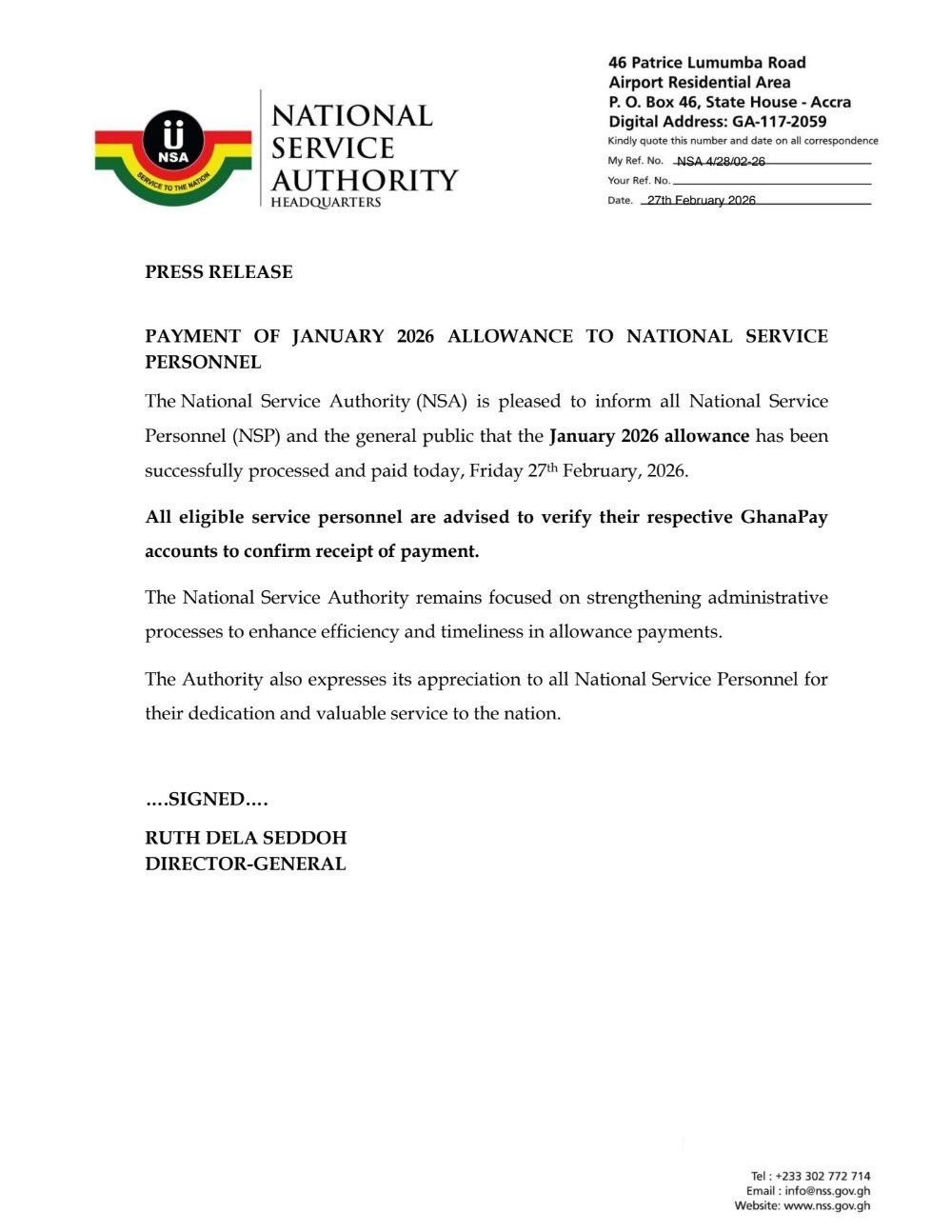 NSA pays January 2026 allowance to National Service Personnel NSA pays January 2026 allowance to National Service Personnel