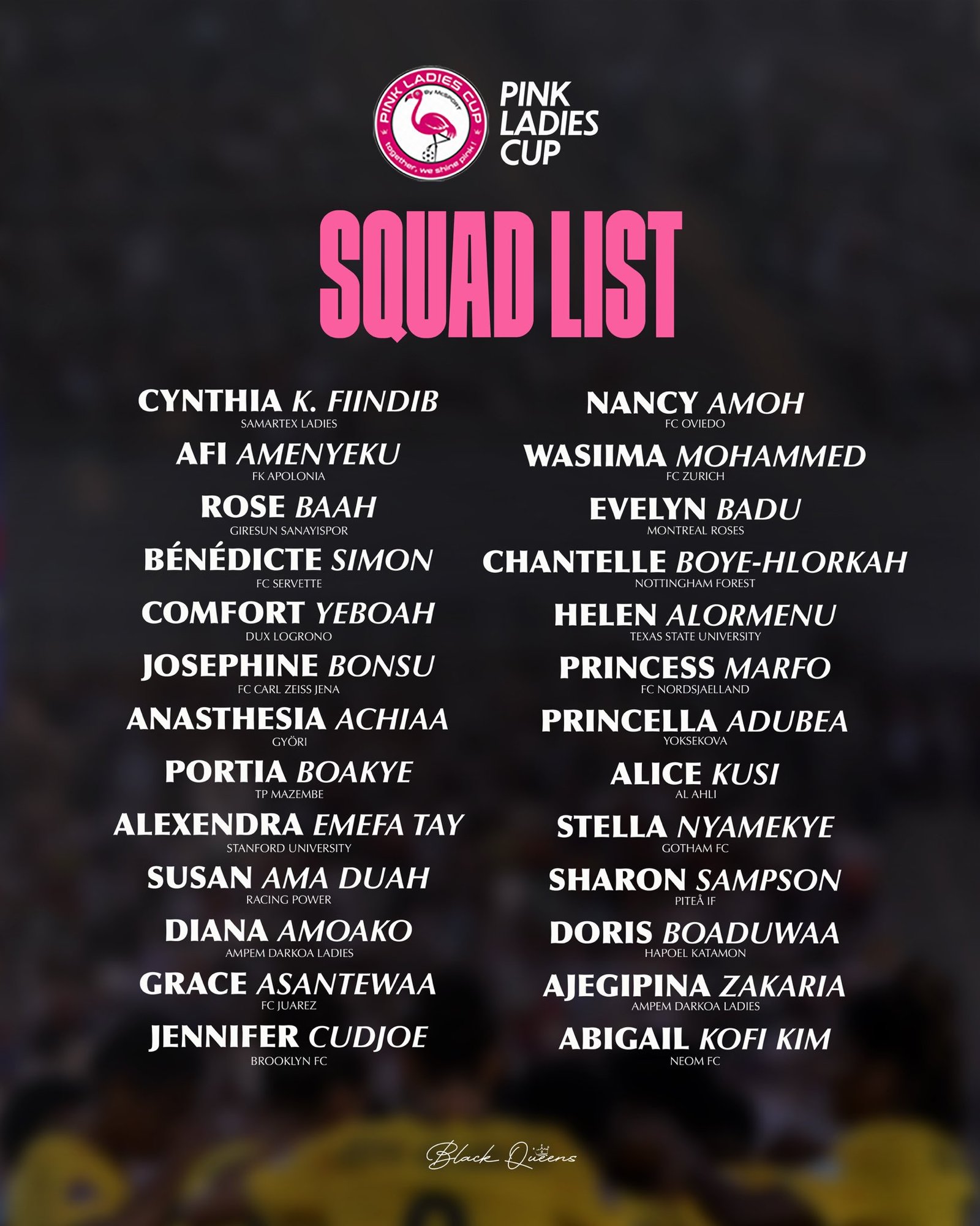 Pink Ladies Cup: Six debutants named in Black Queens squad for tournament Pink Ladies Cup: Six debutants named in Black Queens squad for tournament