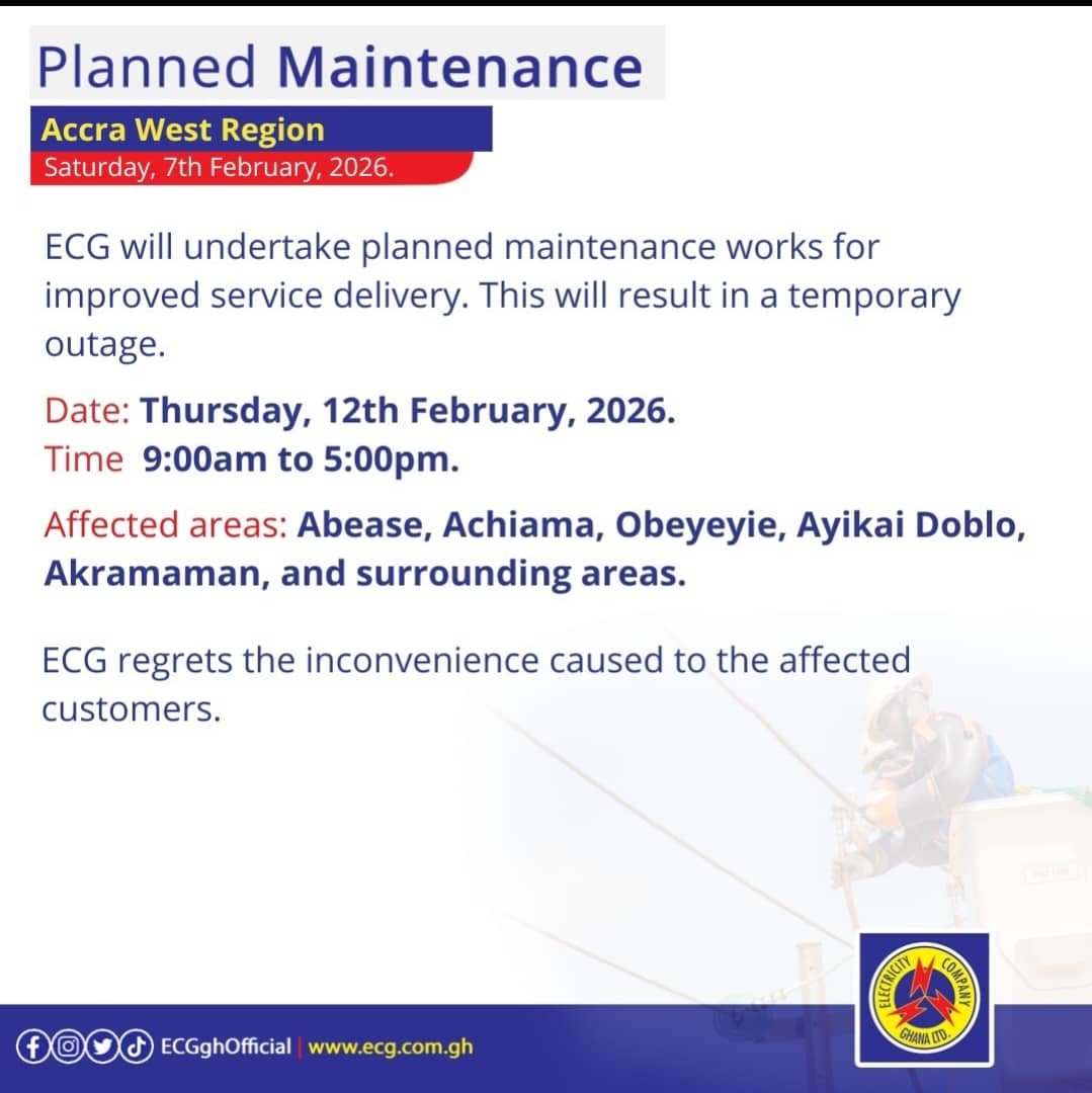 Power disruption expected in parts of Accra West as ECG conducts maintenance