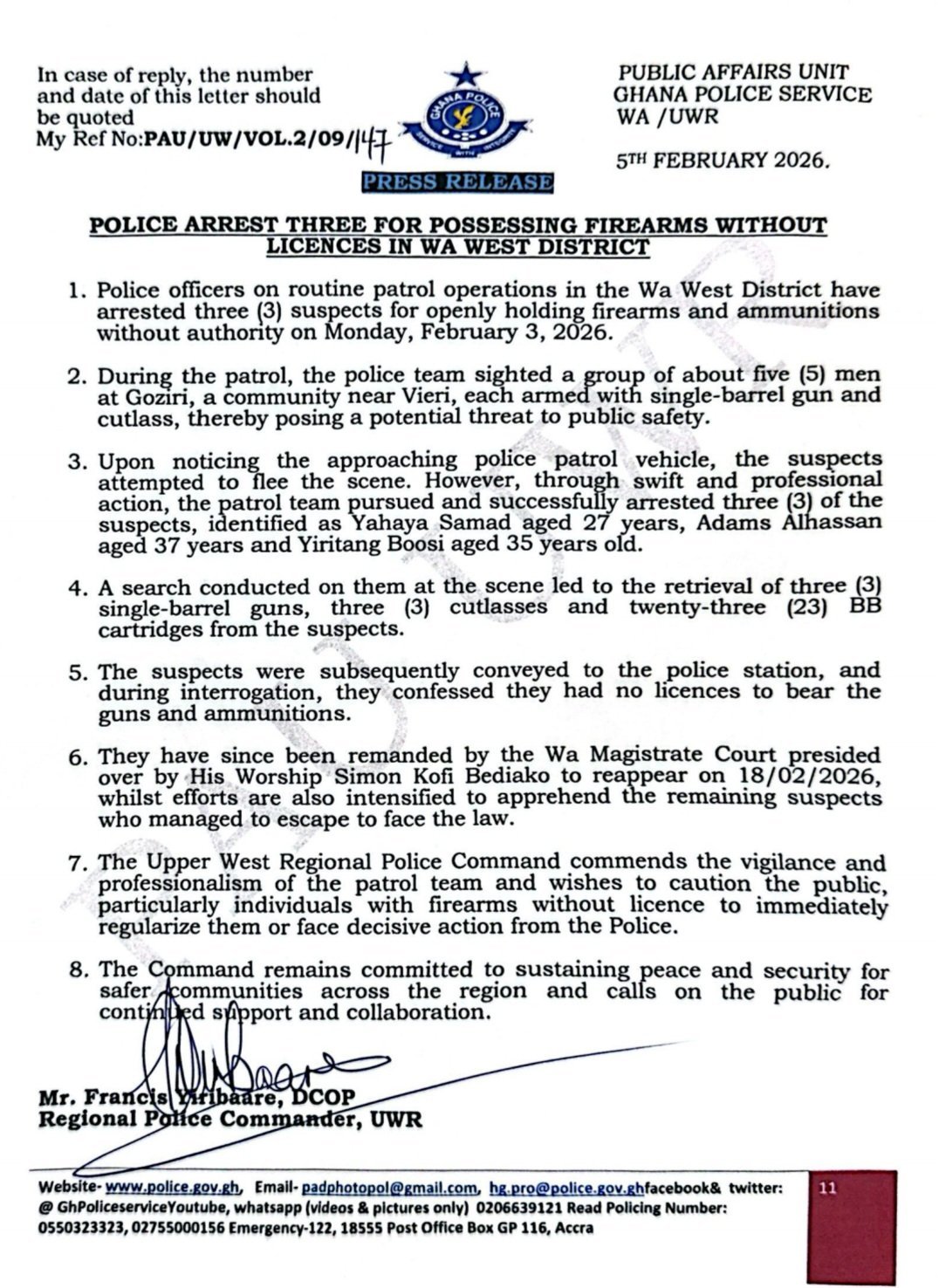 3 arrested for unlawful possession of firearms in Wa West District