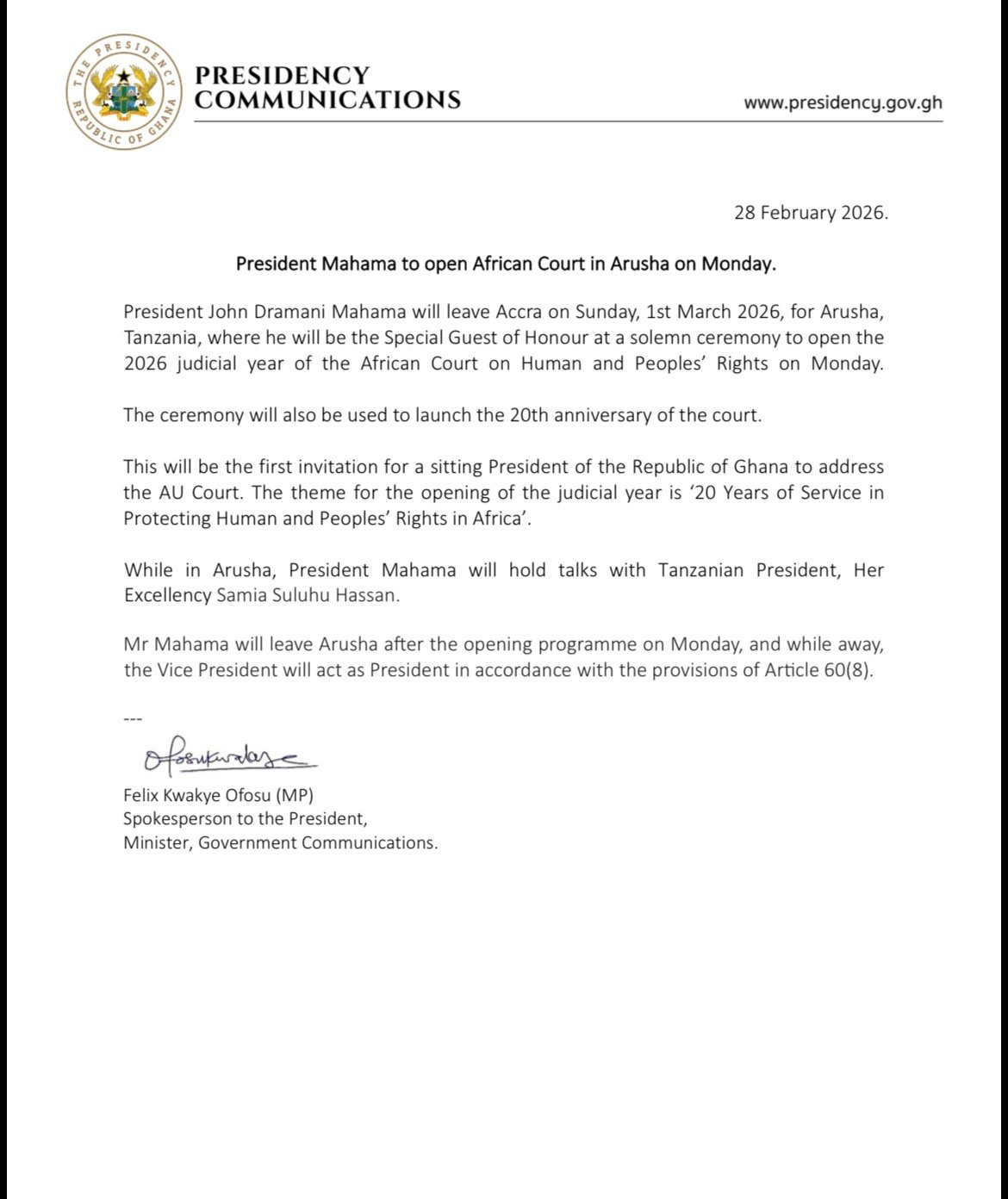 Mahama to open African Court judicial year in Arusha, mark 20th anniversary Mahama to open African Court judicial year in Arusha, mark 20th anniversary