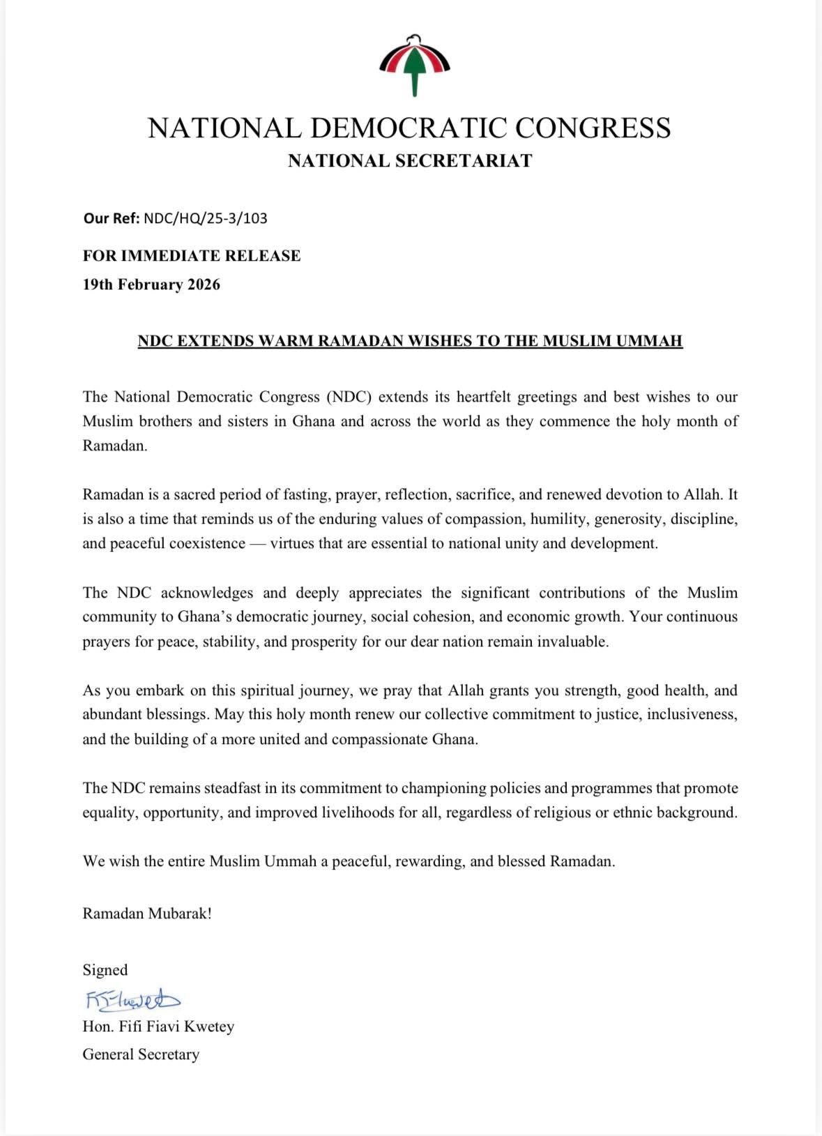 NDC wishes Muslim community peaceful and blessed Ramadan NDC wishes Muslim community peaceful and blessed Ramadan