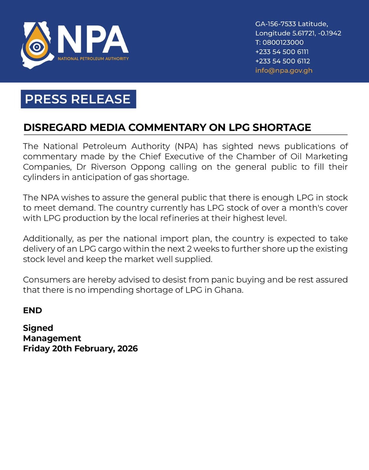 NPA slams gas 'shortage' rumours; assures over one month's cover NPA slams gas 'shortage' rumours; assures over one month's cover