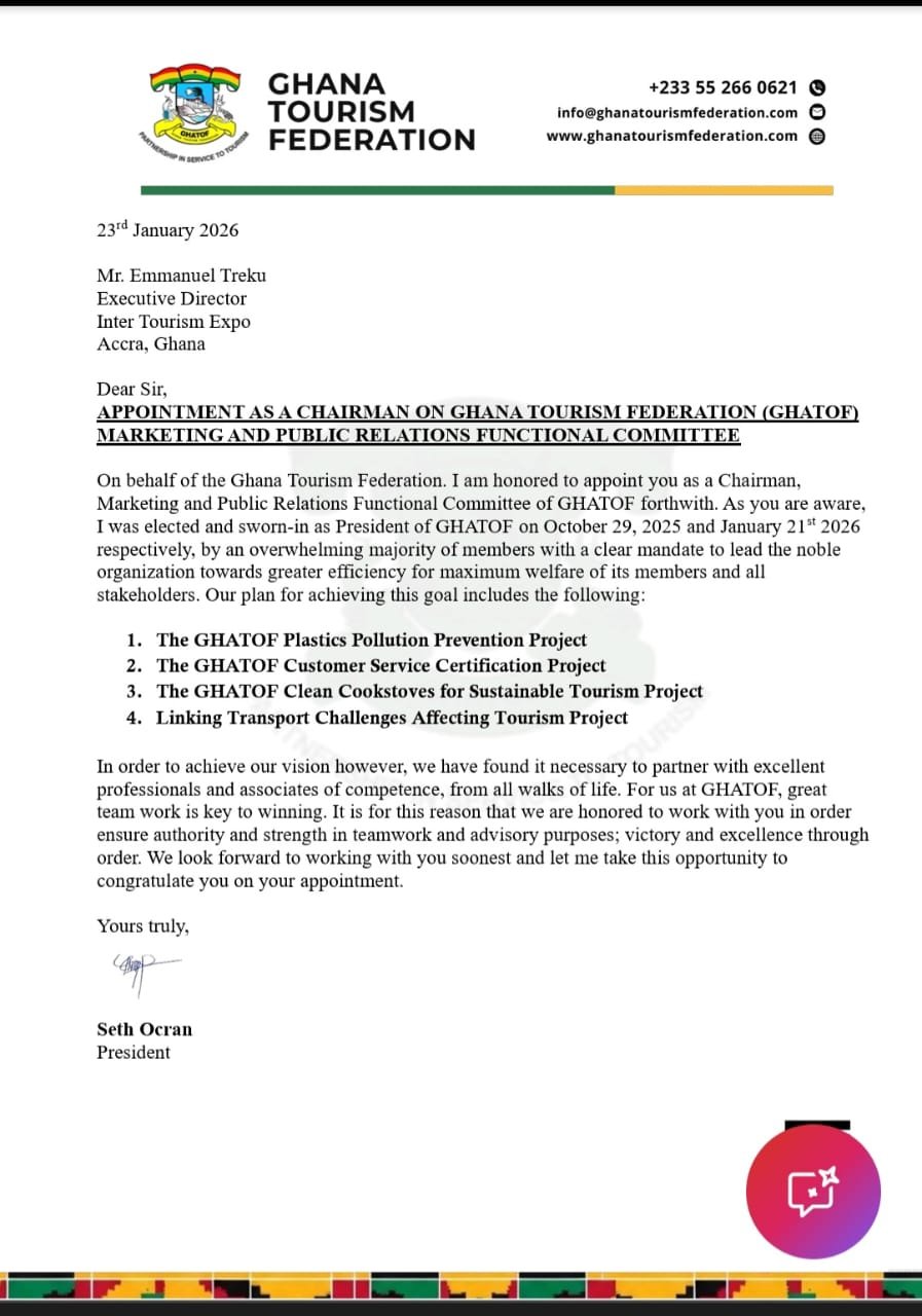 Ghana Tourism Federation appoints Emmanuel Treku as Chair of Marketing and Public Relations Directorate