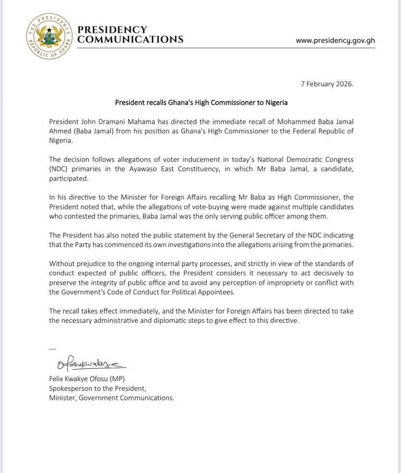 Mahama recalls High Commissioner to Nigeria Baba Jamal over vote-buying allegations Mahama recalls High Commissioner to Nigeria Baba Jamal over vote-buying allegations