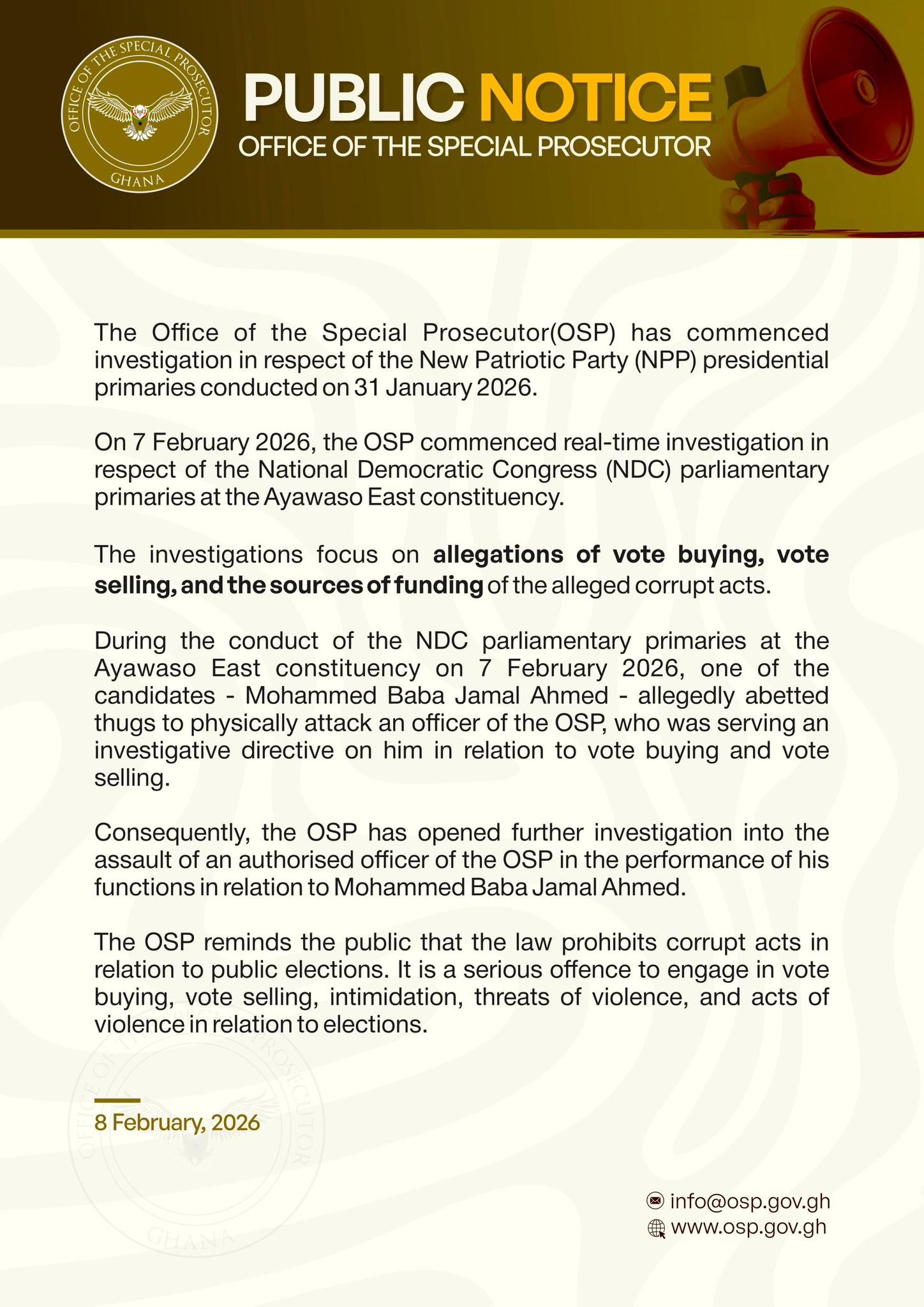 OSP probes NPP Presidential, NDC Ayawaso East parliamentary primaries over vote buying allegations