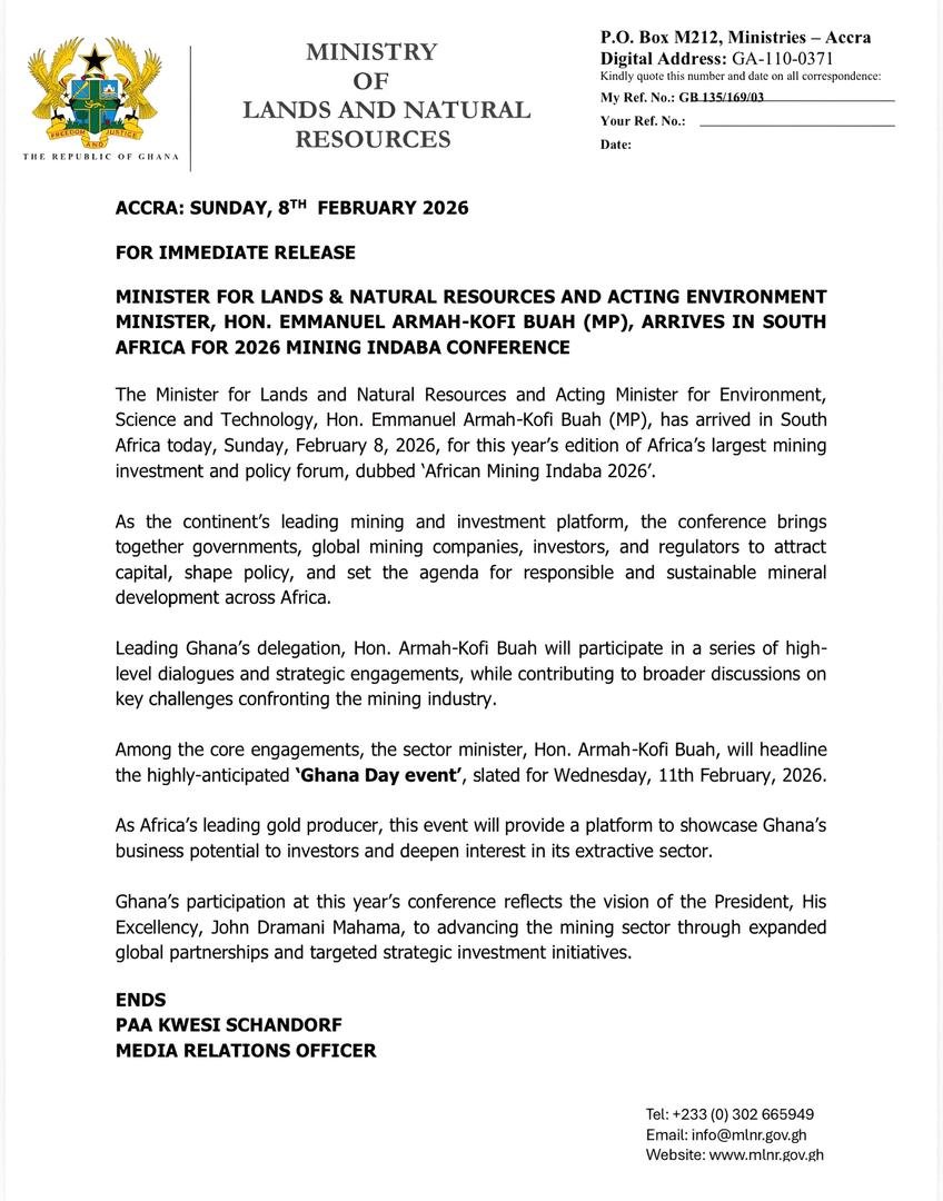 Lands Minister arrives in South Africa for annual African mining investment conference