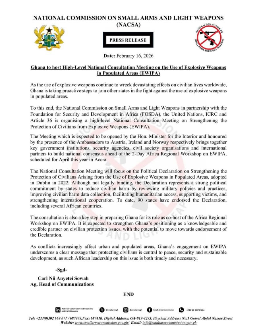 Ghana to host high-level national consultative on use of explosive weapons in populated areas