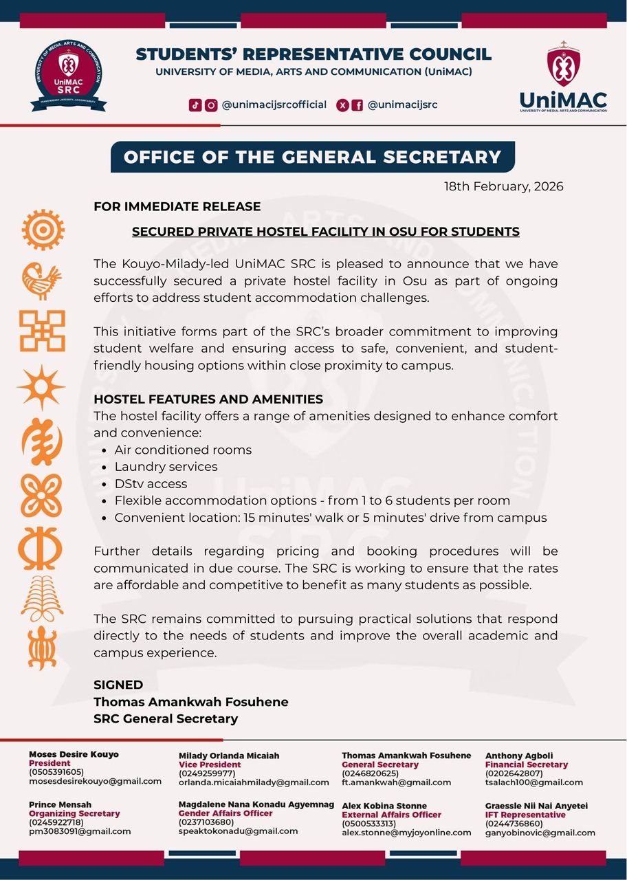 UniMAC SRC secures private hostel in Osu to ease student accommodation challenges UniMAC SRC secures private hostel in Osu to ease student accommodation challenges