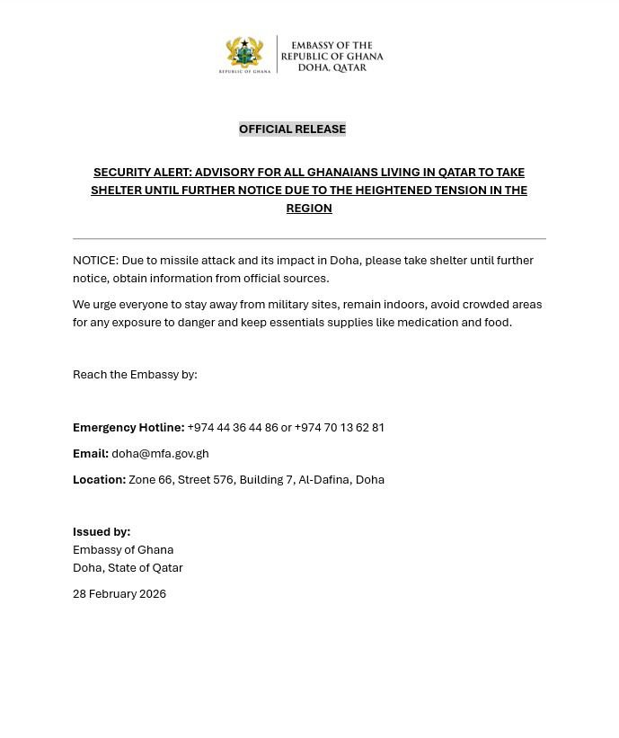 Ghana Embassy in Doha urges nationals to take shelter after missile attack Ghana Embassy in Doha urges nationals to take shelter after missile attack