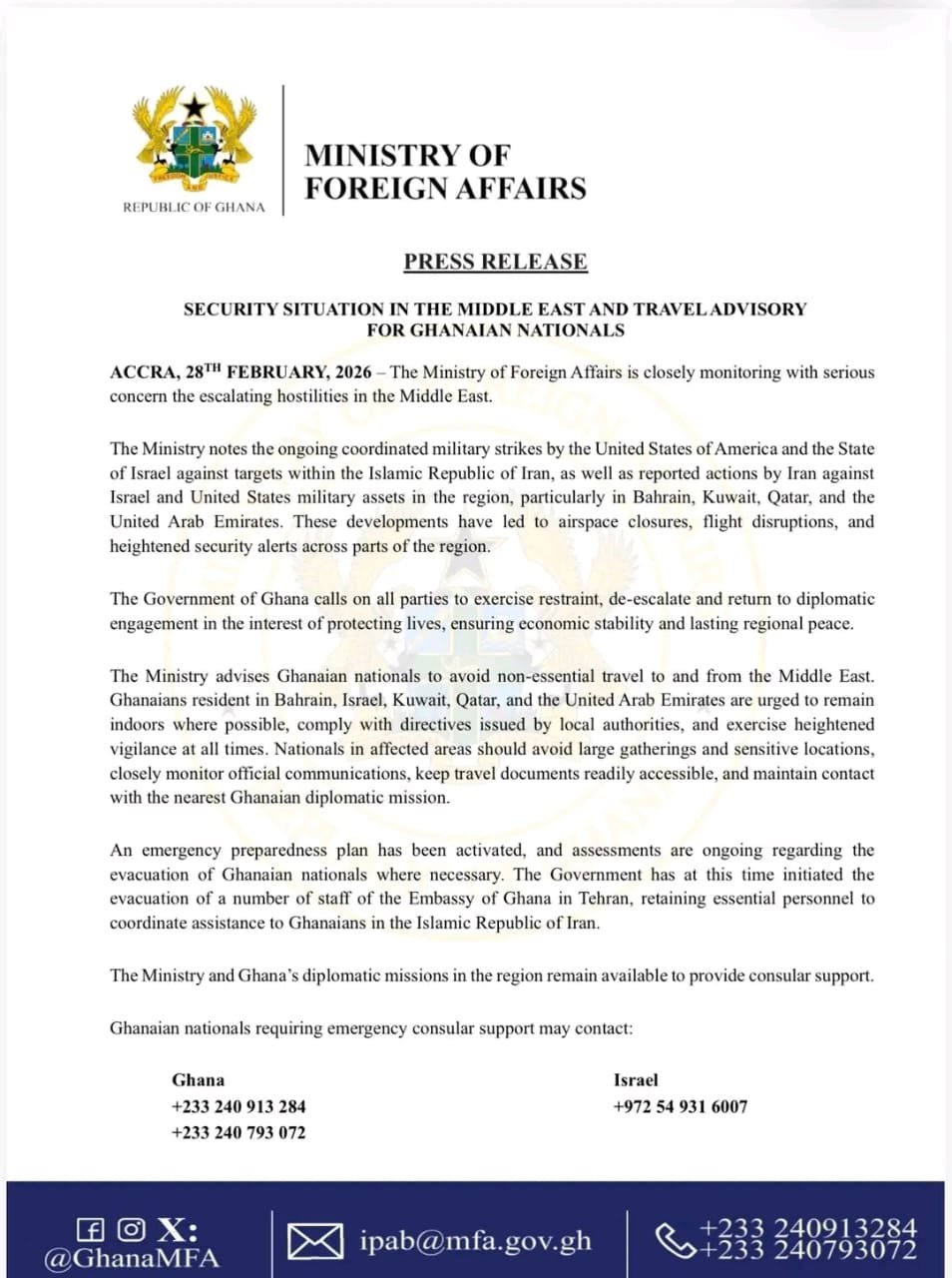 Ghana begins partial evacuation of Tehran Embassy as Middle East tensions escalate