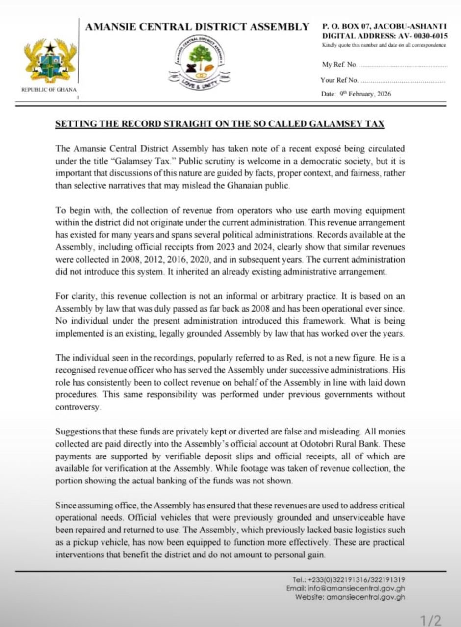 Amansie Central Assembly denies creating 'galamsey tax', says practice dates back to 2008