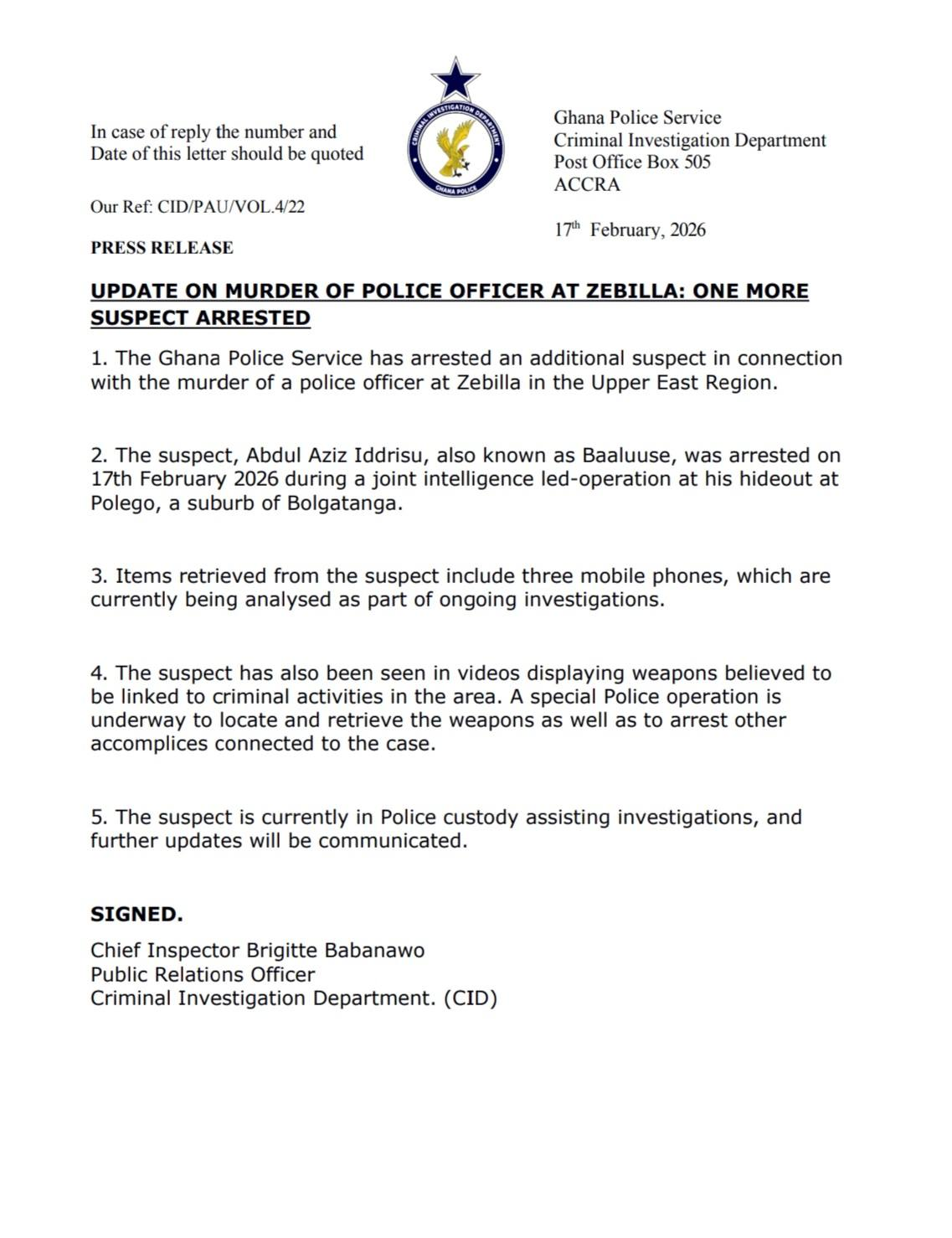 One more suspect arrested over killing of Police officer at Zebilla