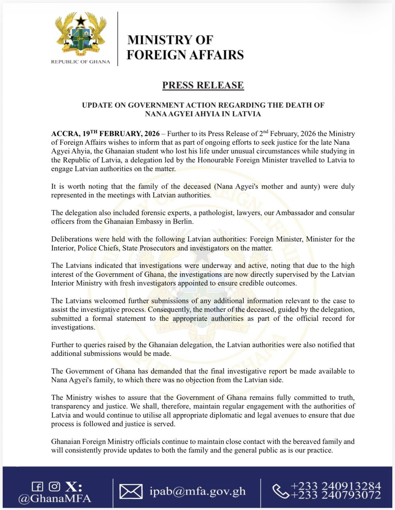 Ghana engages Latvian authorities in high-level talks to pursue Justice for Nana Agyei Ahyia