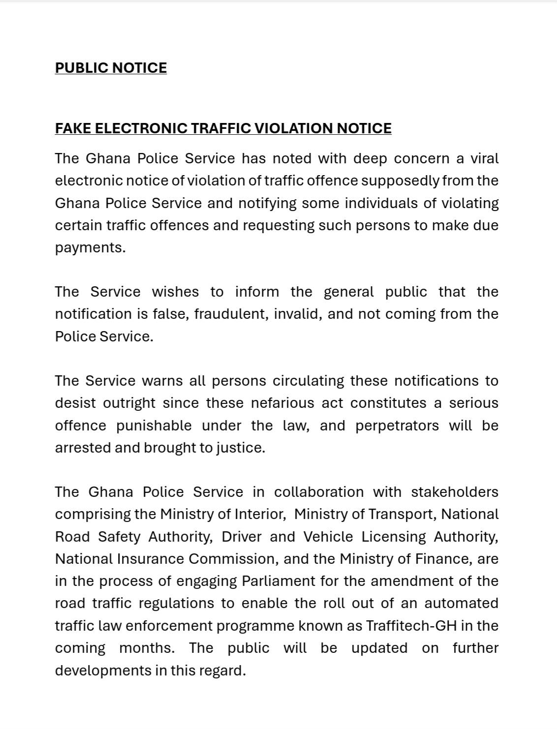 Ghana Police Service warns public against fake traffic violation messages Ghana Police Service warns public against fake traffic violation messages