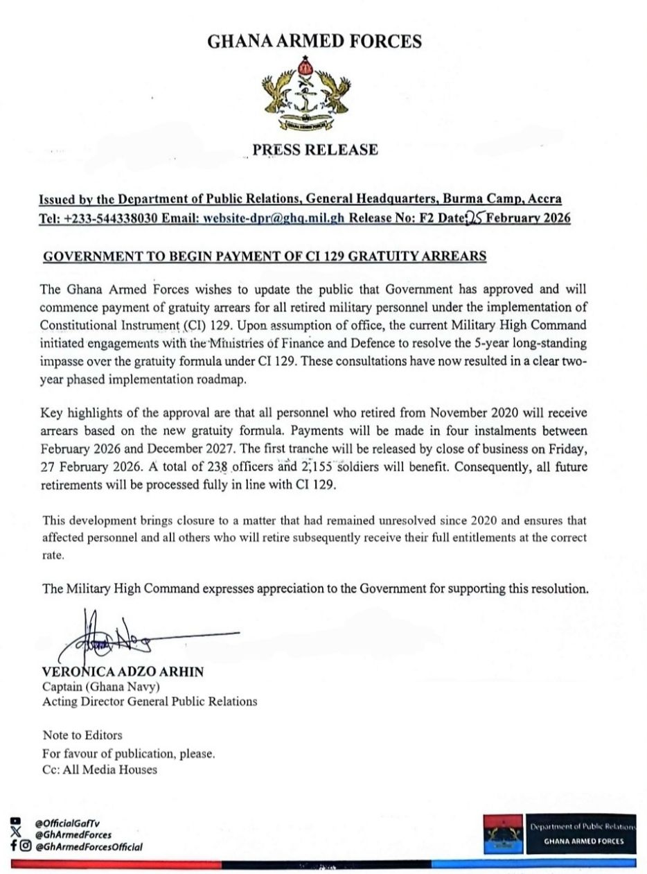 Retired military personnel to receive long-delayed gratuity arrears this week — GAF