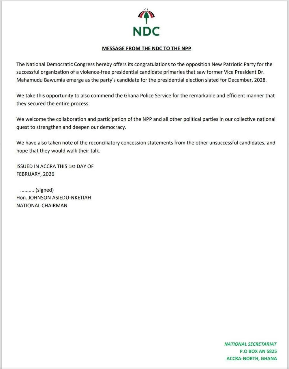 NDC congratulates NPP on peaceful presidential primary