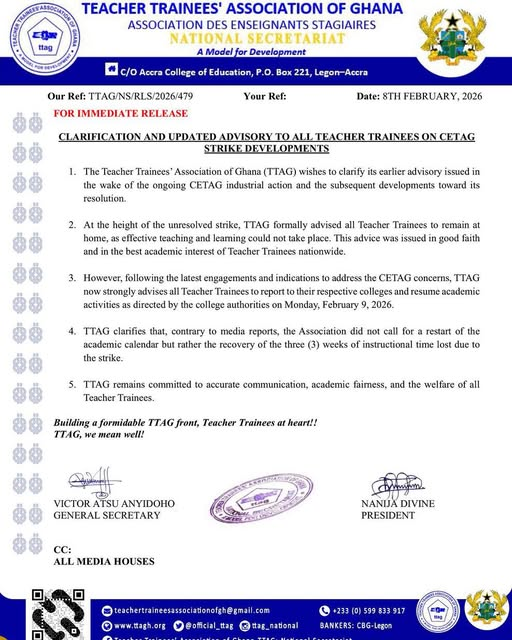 CETAG Strike: TTAG urges teacher trainees to resume academic activities CETAG Strike: TTAG urges teacher trainees to resume academic activities