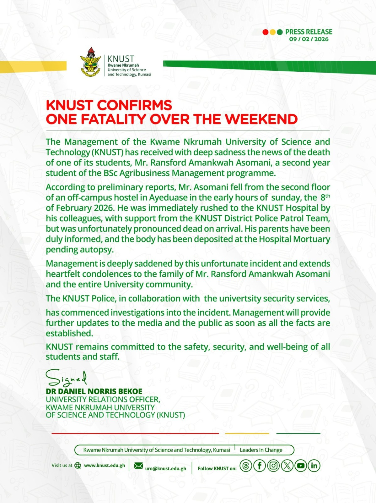 KNUST student dies after falling from off-campus hostel KNUST student dies after falling from off-campus hostel