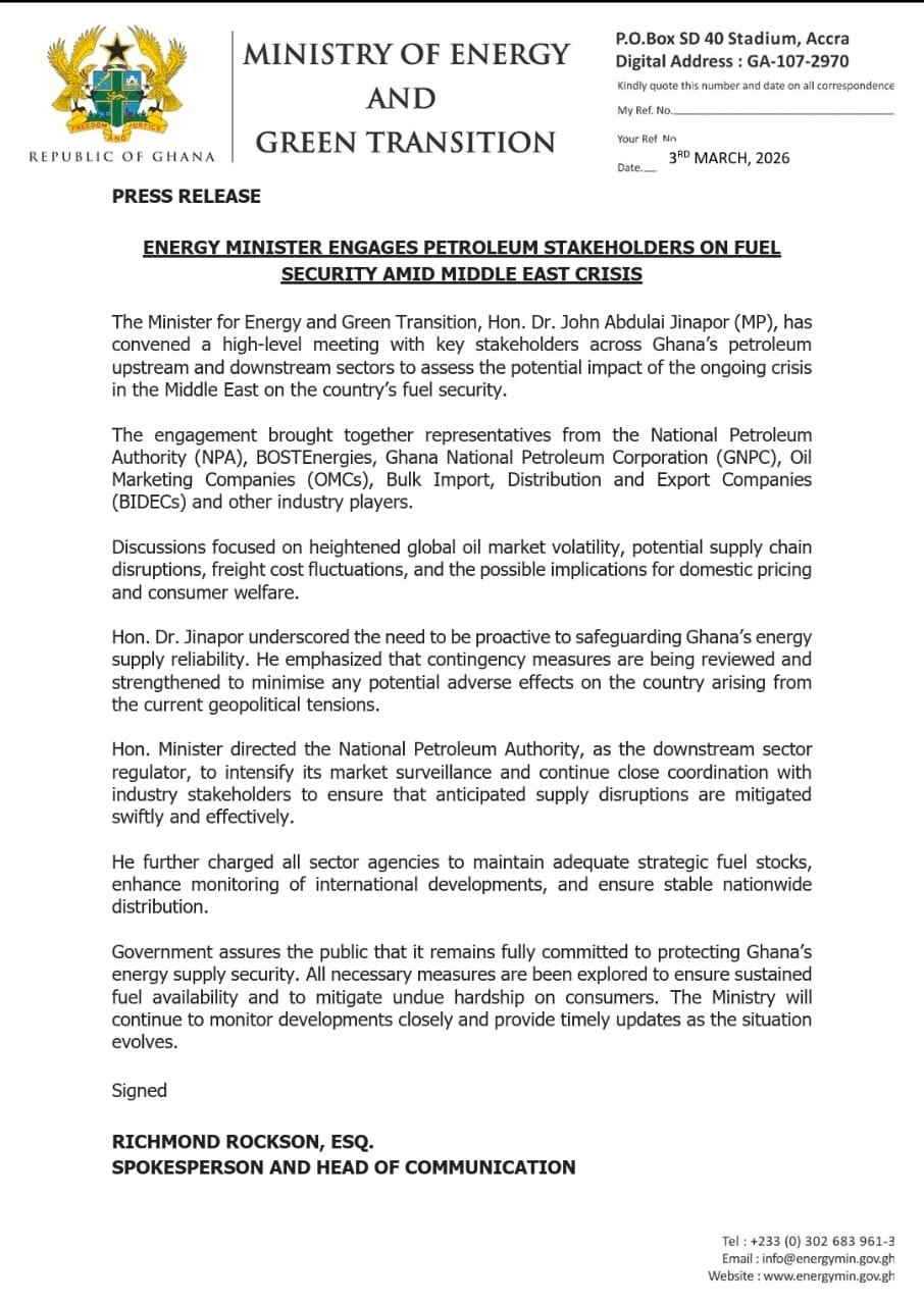 Energy Minister engages petroleum stakeholders over fuel security amid Middle East crisis