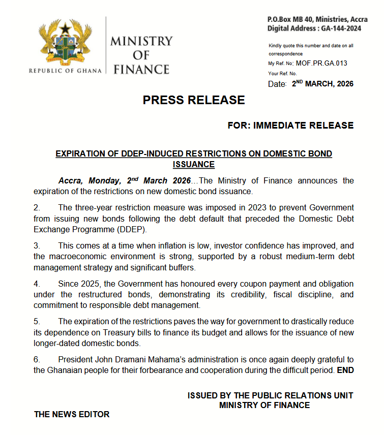 Finance Minister announces expiration of DDEP-induced restrictions on domestic bond issuance Finance Minister announces expiration of DDEP-induced restrictions on domestic bond issuance