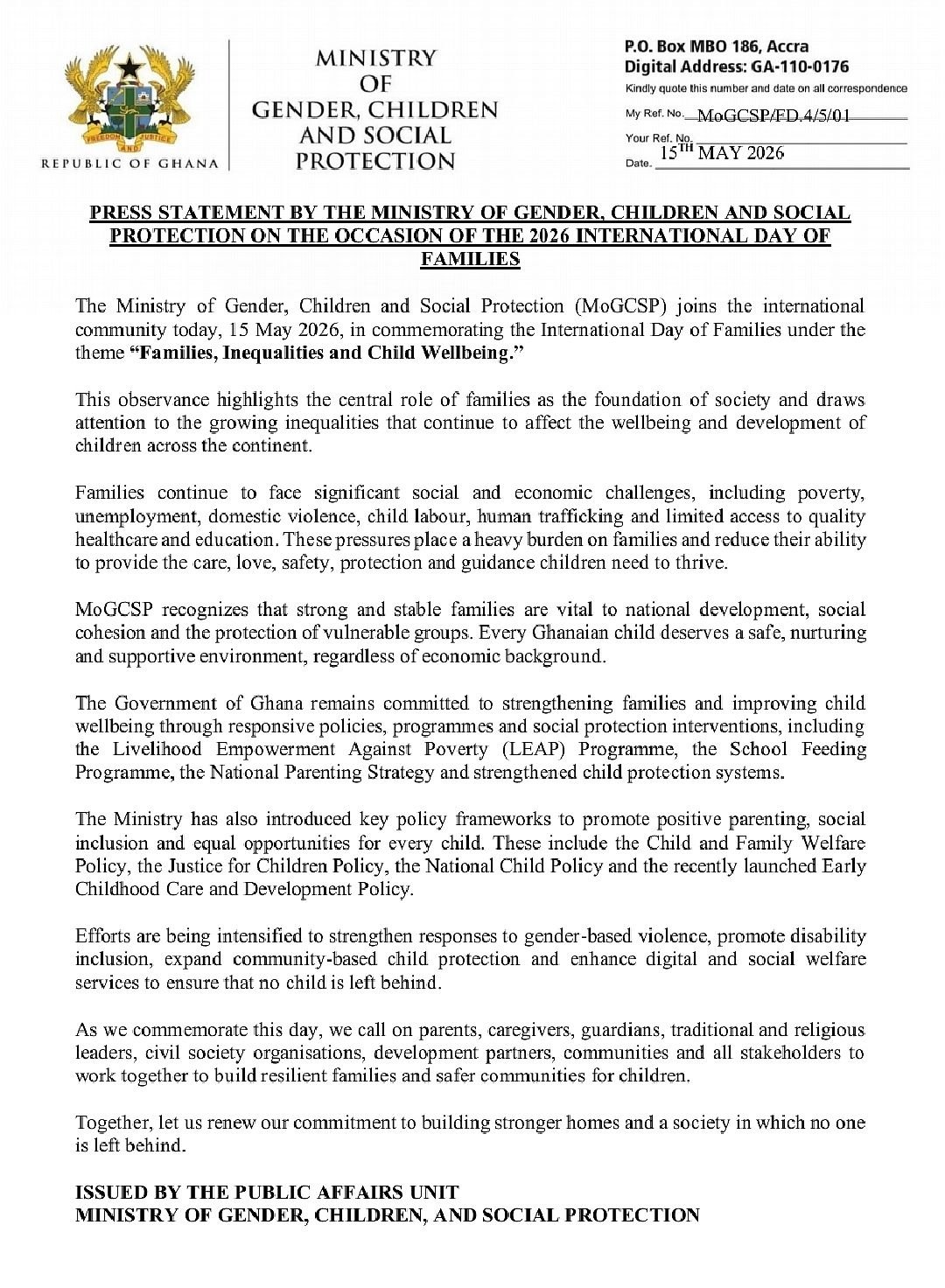 Gender Ministry marks International Day of Families with call to tackle inequalities affecting children
