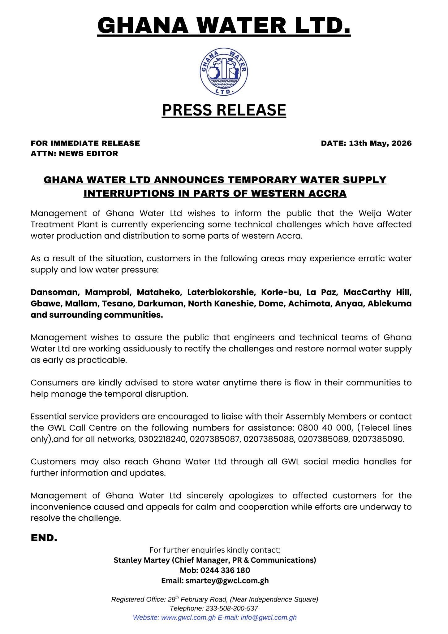 Weija plant technical fault disrupts water supply in parts of Western Accra