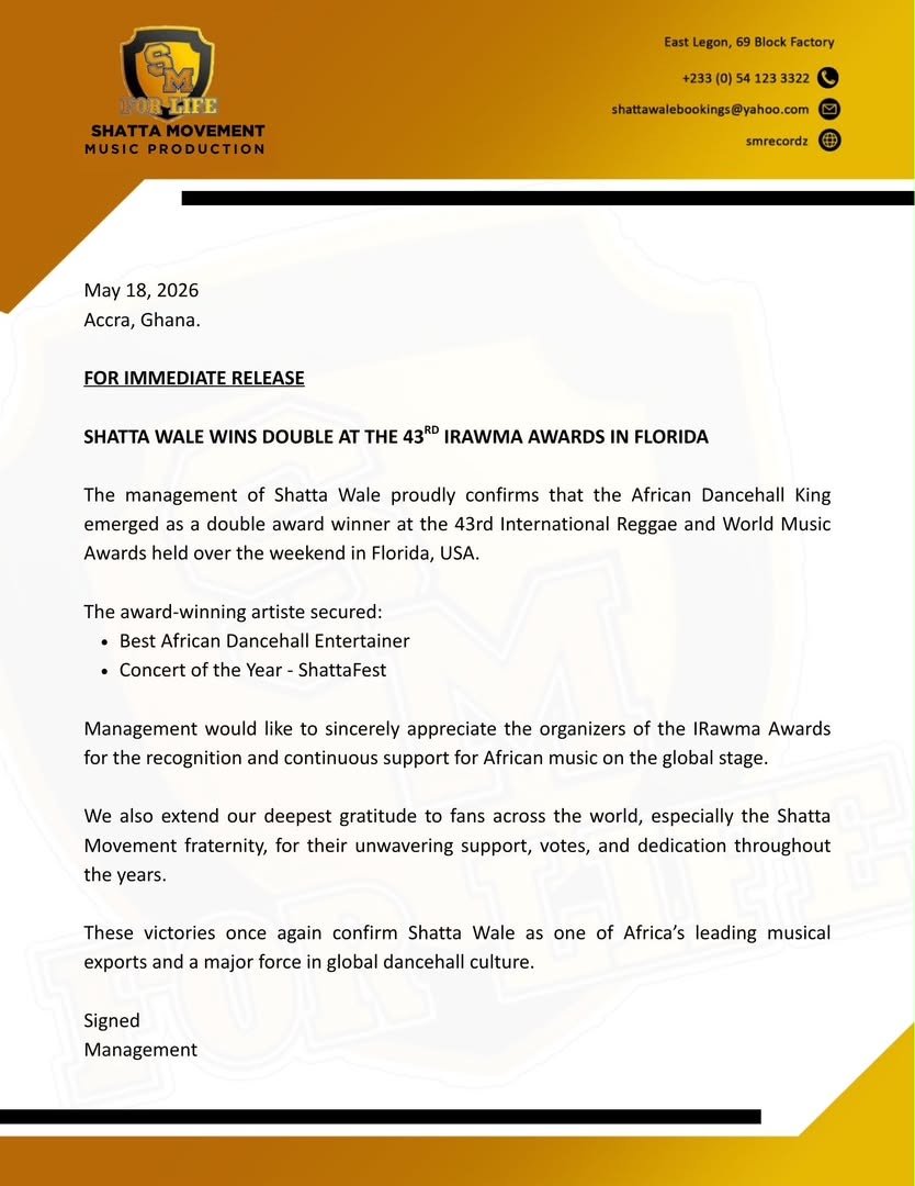 Shatta Wale earns double win at 43rd IRAWMA Awards in Florida