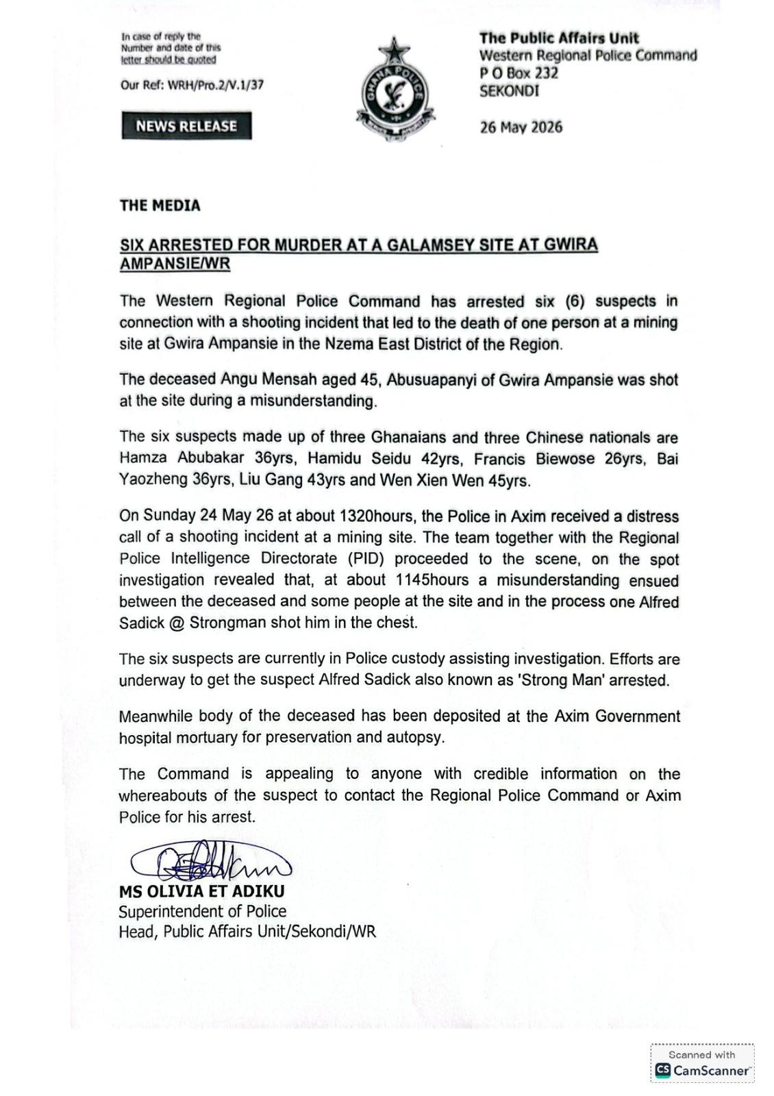 Six arrested for murder at galamsey site at Gwira Ampansie Six arrested for murder at galamsey site at Gwira Ampansie